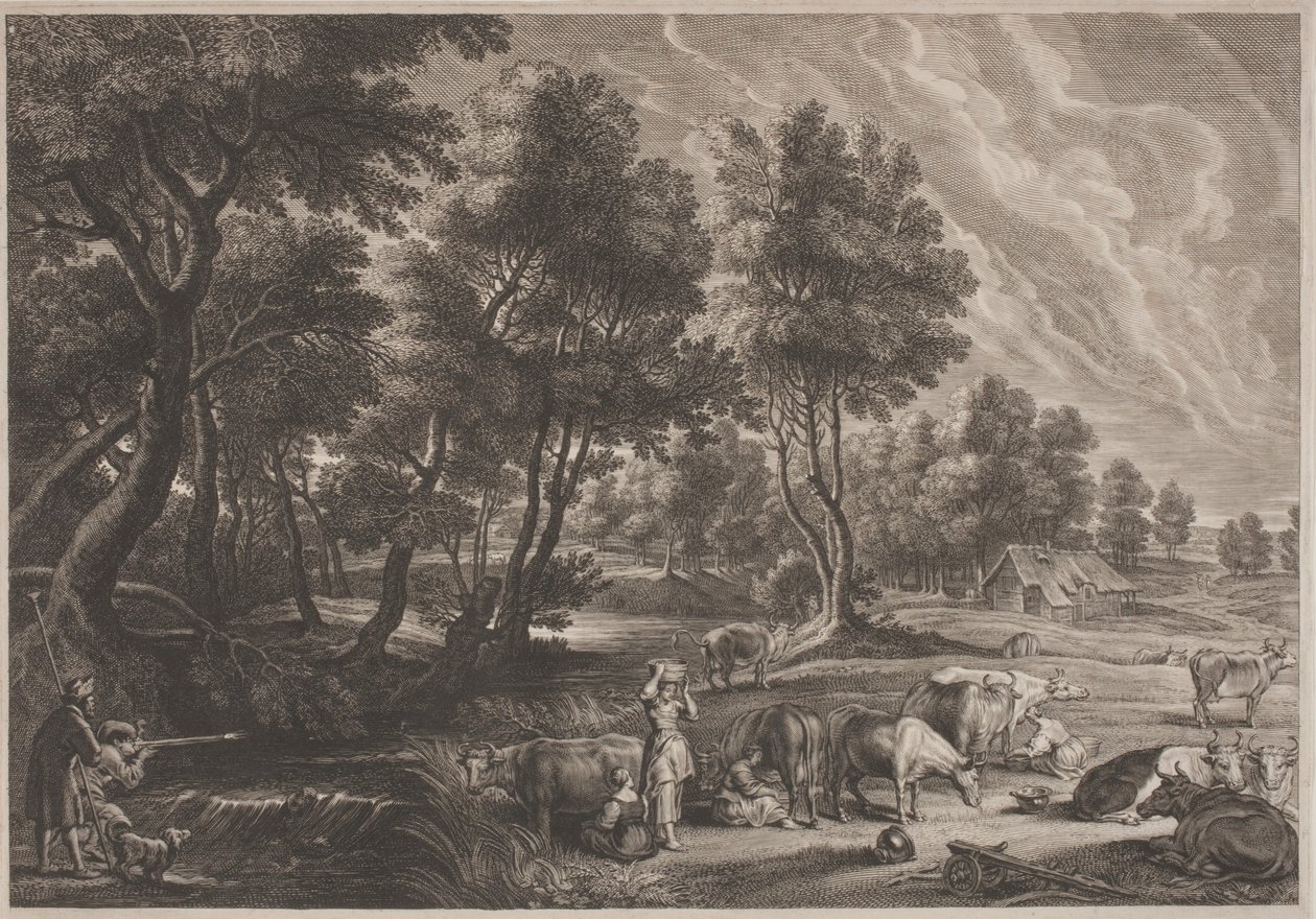 Avcılar ve Sütçüler ile Çiftlik Manzarası by Schelte Adams Bolswert, after Sir Peter Paul Rubens