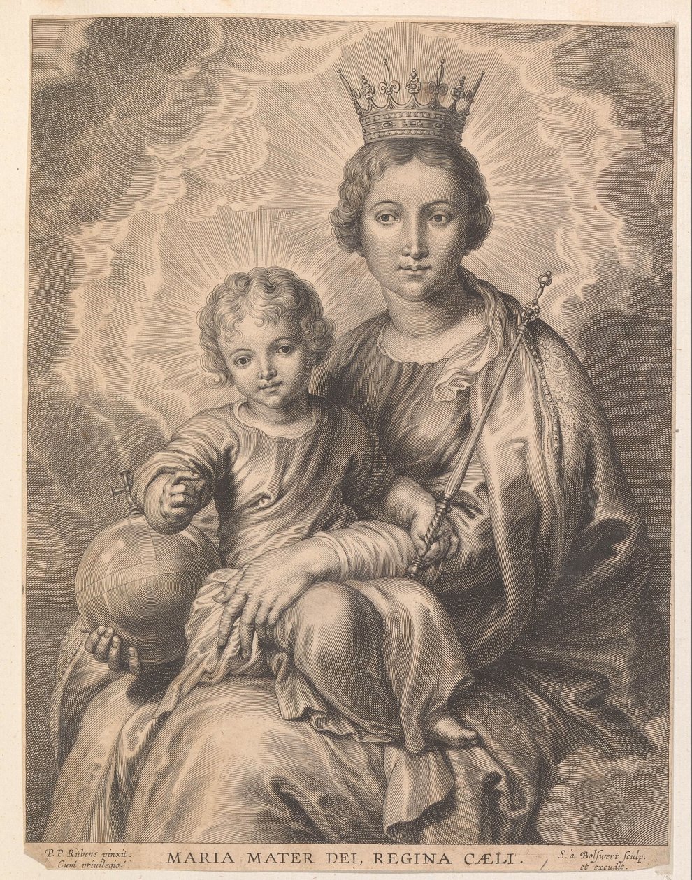 çocuk ve küre ile Mary Maria mater dei, regina caeli (nesne üzerindeki başlık) by Schelte Adamsz. Bolswert