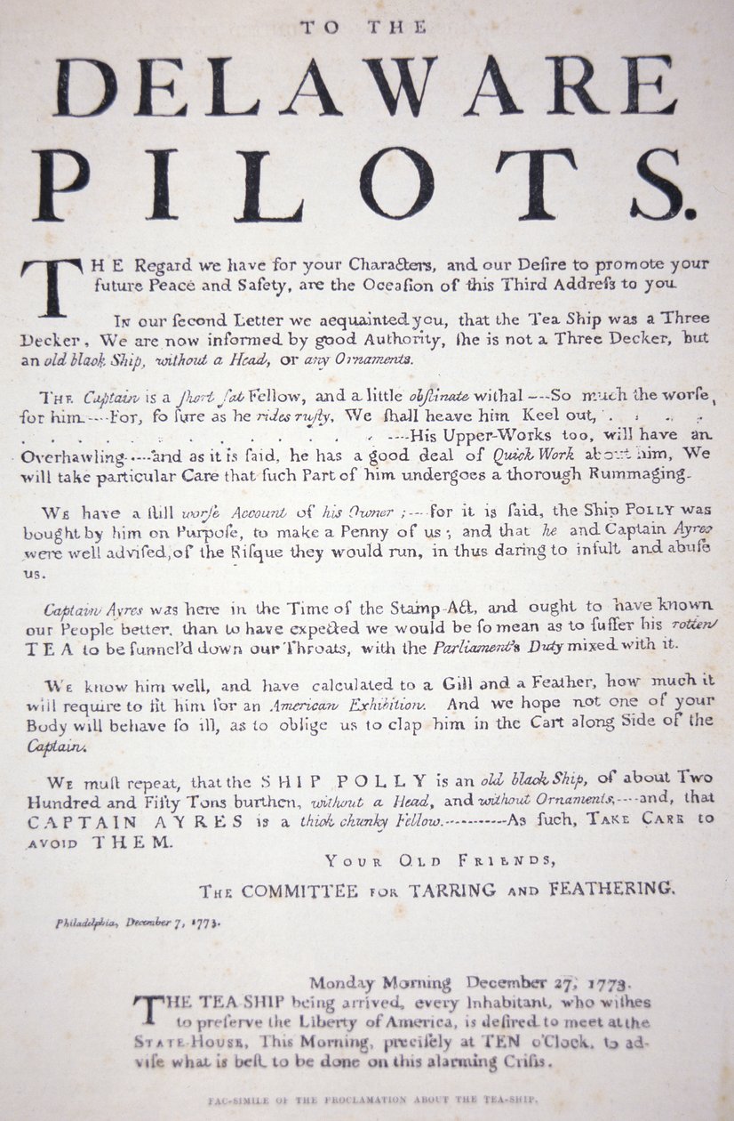 Philadelphia yurtseverlerinin Delaware Pilotlarına İngiliz çay gemisiyle uğraşmamaları konusunda onları uyaran bildirisinin tıpkıbasımı, 7 Aralık 1773 (lito) by School American