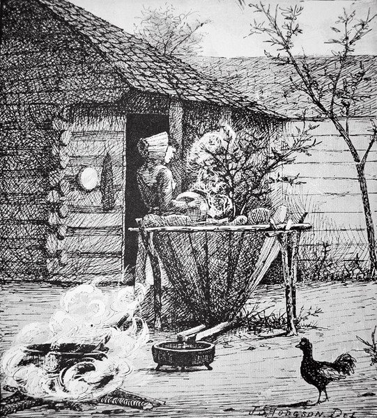Çiftlik sahnesi - J. S. Hodgson (litho) tarafından yapılan bir çizimden sonra, yıkama kazanındaki bir kadın by School American