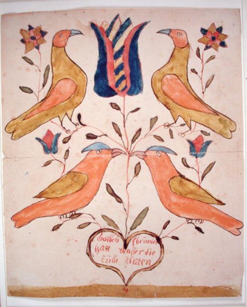 Dört Kuş, Lale ve Kalp (kağıt üzerine sulu boya) by School American