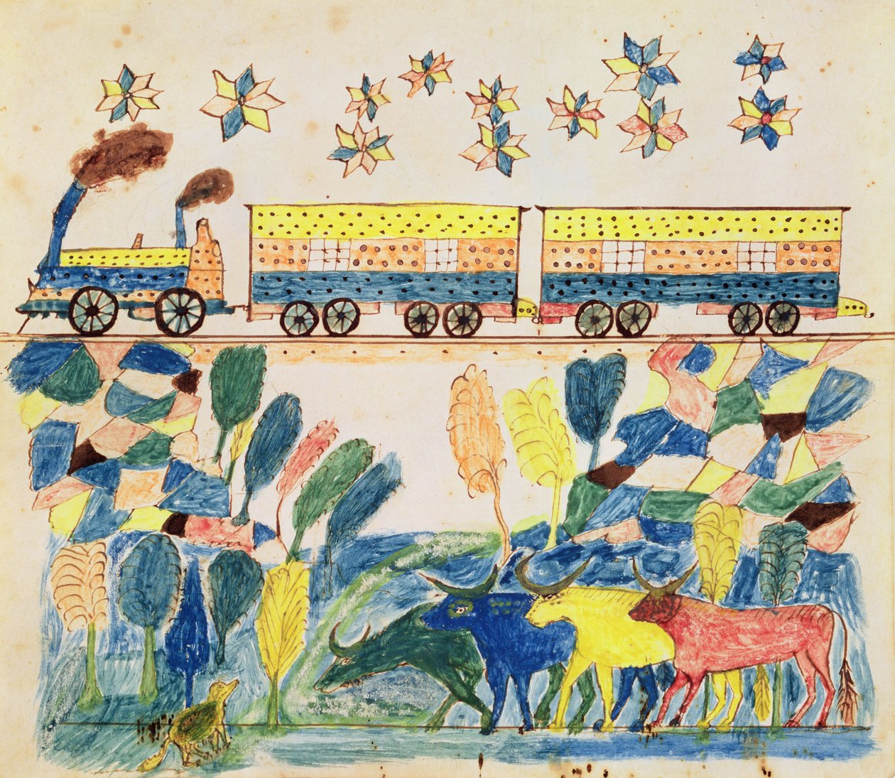 Yük treni ve Sığırlı Manzara (kalem & mürekkep ve kağıt üzerine sulu boya) by School American