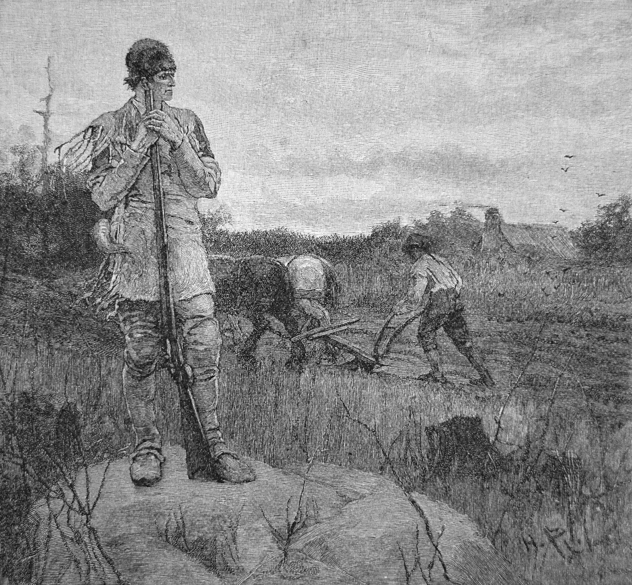Howard Pyle (lito) tarafından yapılan bir illüstrasyondan sonra, bir çiftliği bir Kızılderili saldırısına karşı korumak by School American