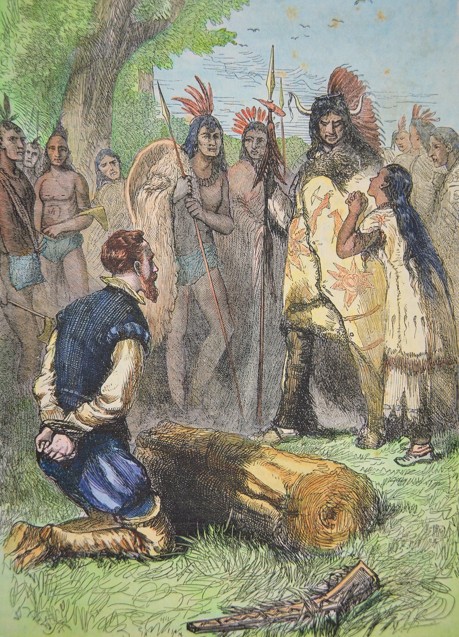 Pocahontas, John Smith'in hayatını kurtarıyor (renkli gravür) by School American