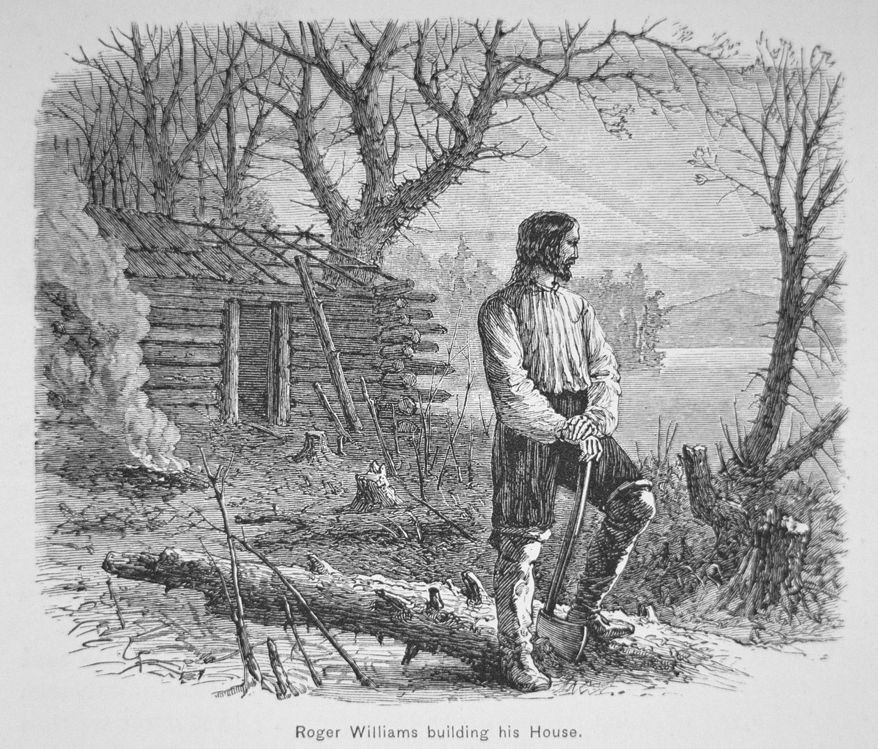 Roger Williams, Seekonk Nehri (lito) üzerinde bir kabin inşa ediyor by School American