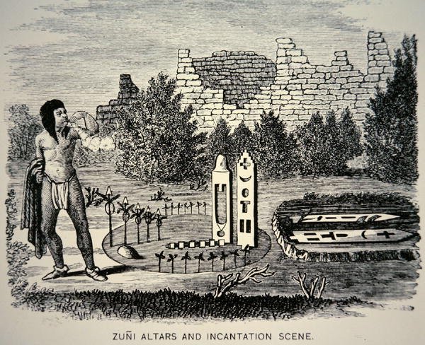 Zuni Kabilesi bir Pueblo tapınağının üzerine polen üflerken (gravür) by School American