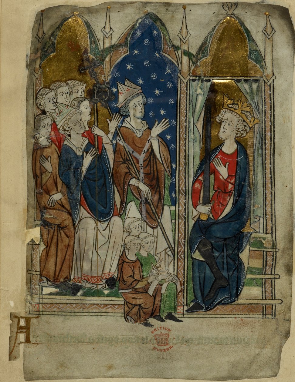 Cotton Vitellius A. XIII f.6v Kral I. Edward, sarayı ve katipleriyle birlikte oturuyor, 