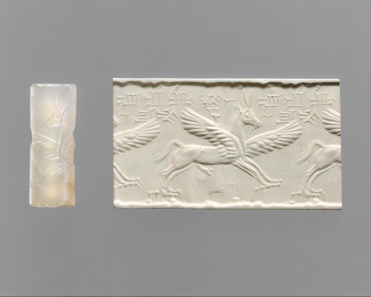 Silindir mühür ve modern izlenim: pençeli ve boynuzlu kanatlı at, MÖ 14-13. yüzyıl (kalsedon) by School Assyrian
