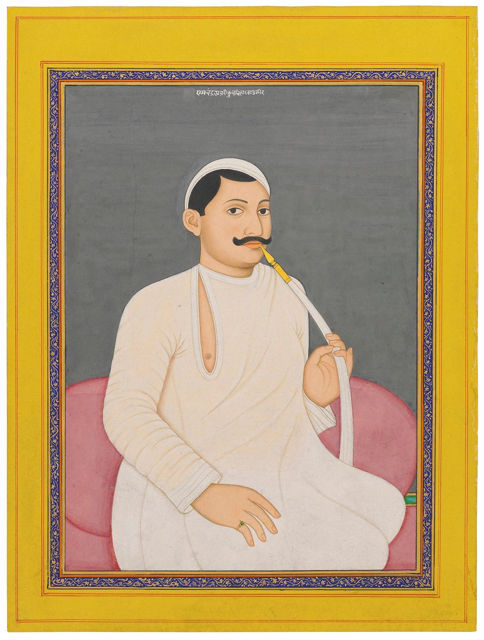 Dewan of Cooch Bewar'dan Ram Chandra Lahiri'nin oturmuş bir portresi (1829 - 1842, c. 1840 (kağıt üzerinde altınla güçlendirilmiş opak pigmentler) by School Bengali