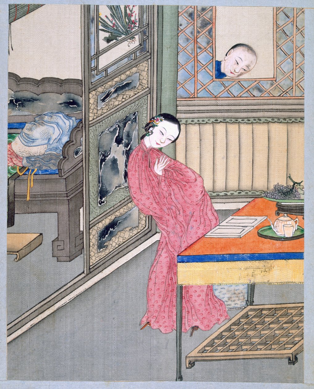 Bir Adam Sevgilisini Pencerede Şaşırtıyor (kumaş üzerine renkli) by School Chinese