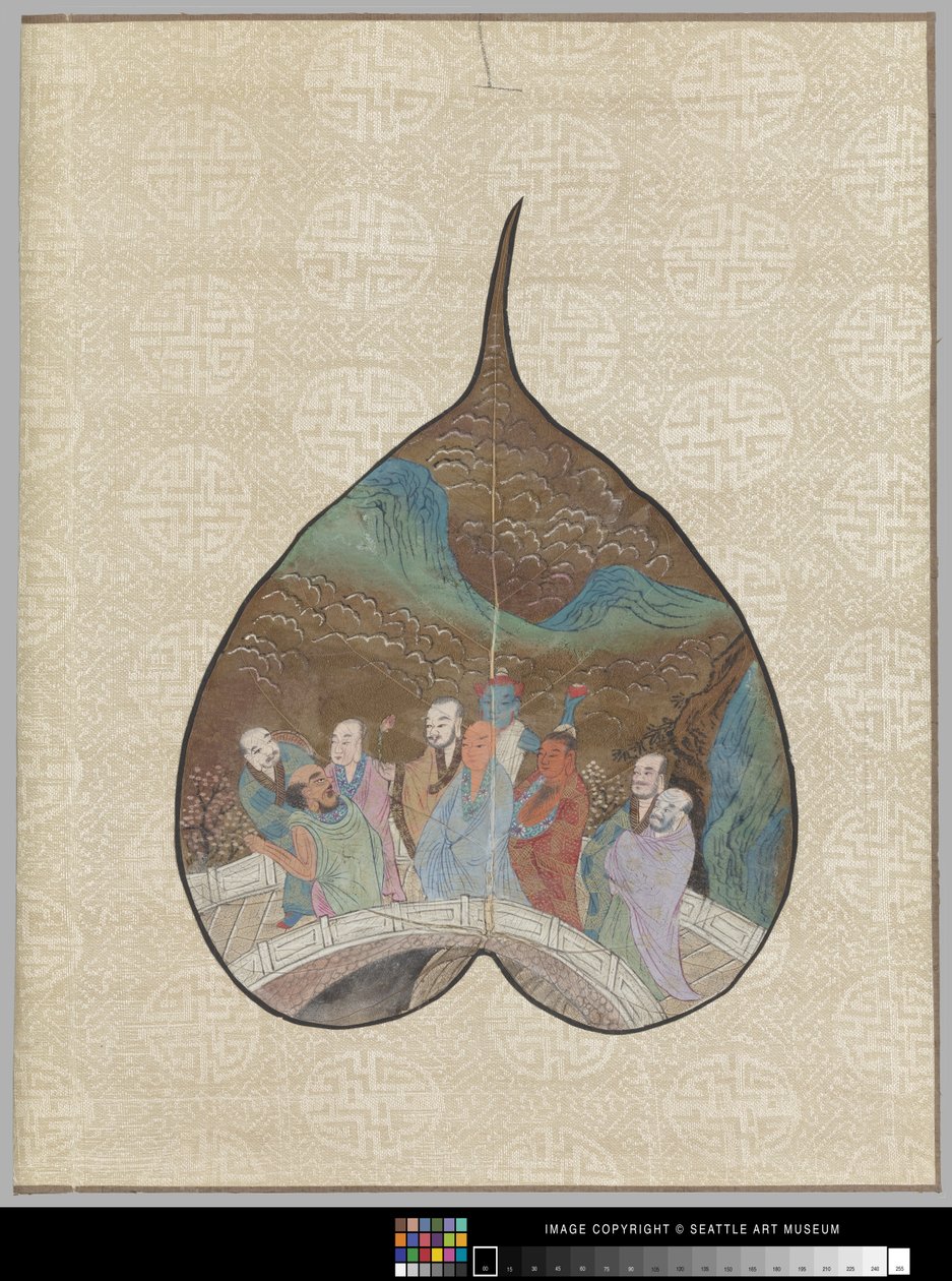 Luohan boyama ile Bodhi yaprağı (yaprak üzerinde mürekkep ve renk) by School Chinese