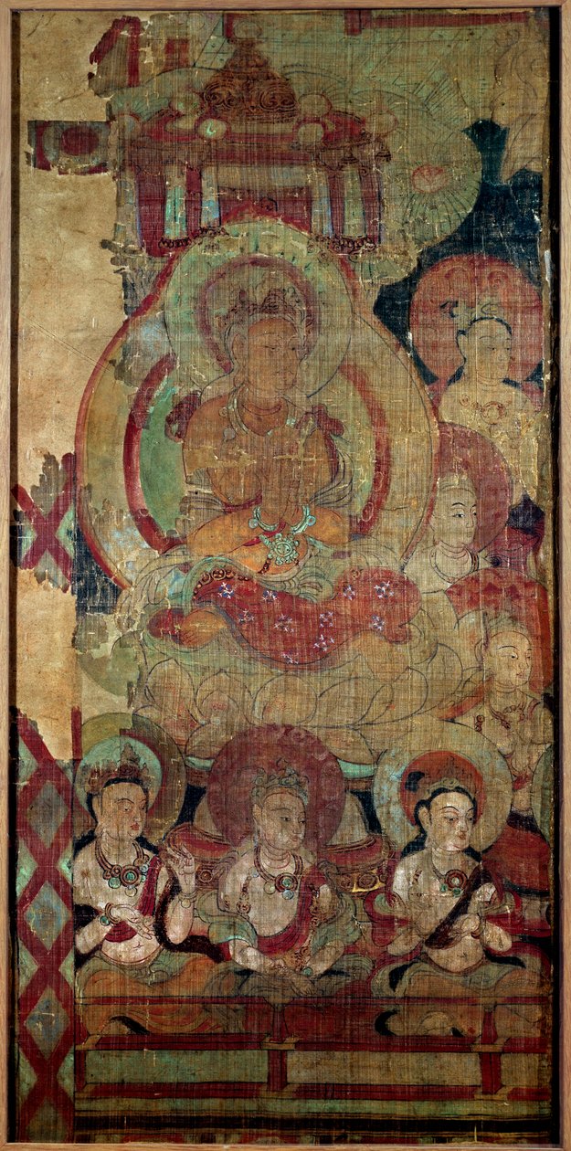 Çin sanatı: Boddhisatvalar (veya Bodhisatvalar) grubu. ipek boyama. 10. yüzyıl Hanedanı Touen Houang, Musee des Arts Asians de Guimet, Paris. by School Chinese