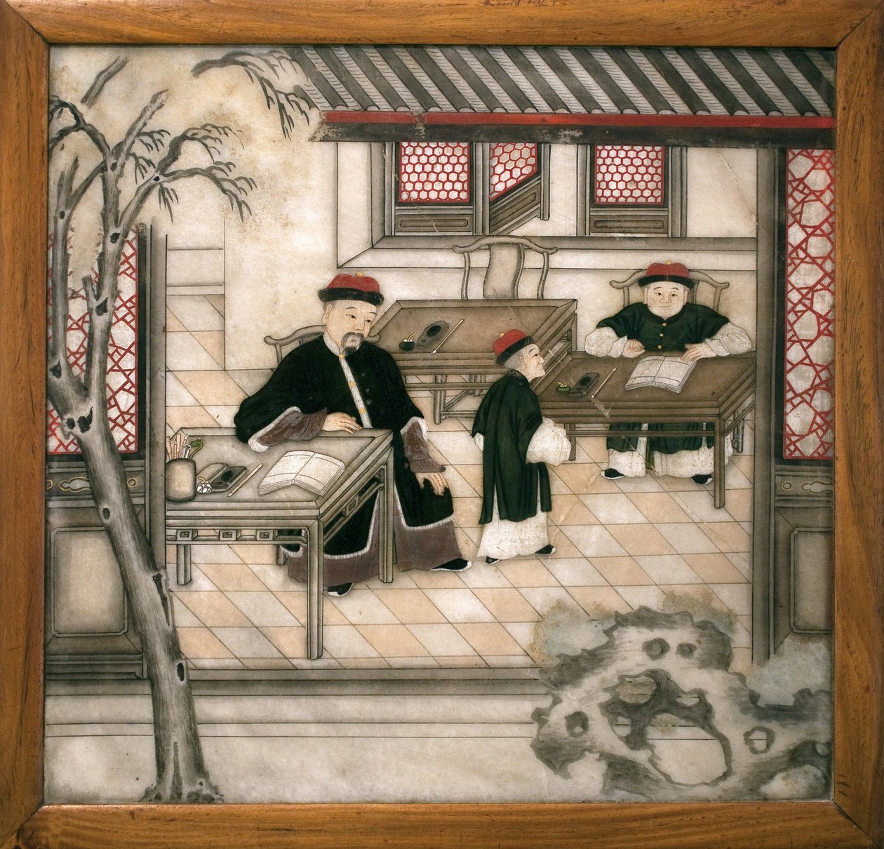 Dolaplarında harfleri temsil eden dekoratif mermer plaka. Boyalı mermer, Qing Hanedanlığı (1644-1911), Çin sanatı. Musee d