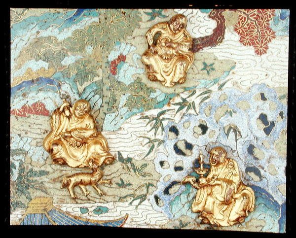 Bir manzarada Budist figürleri tasvir eden bir çift plaktan detay, Qianlong dönemi by School Chinese