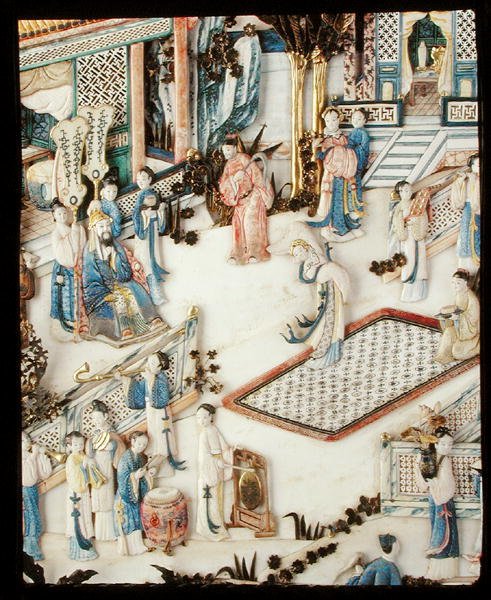 Bir kadın dansçıyı izleyen bir devlet adamı tasvir eden bir panelden detay, Qianlong dönemi by School Chinese