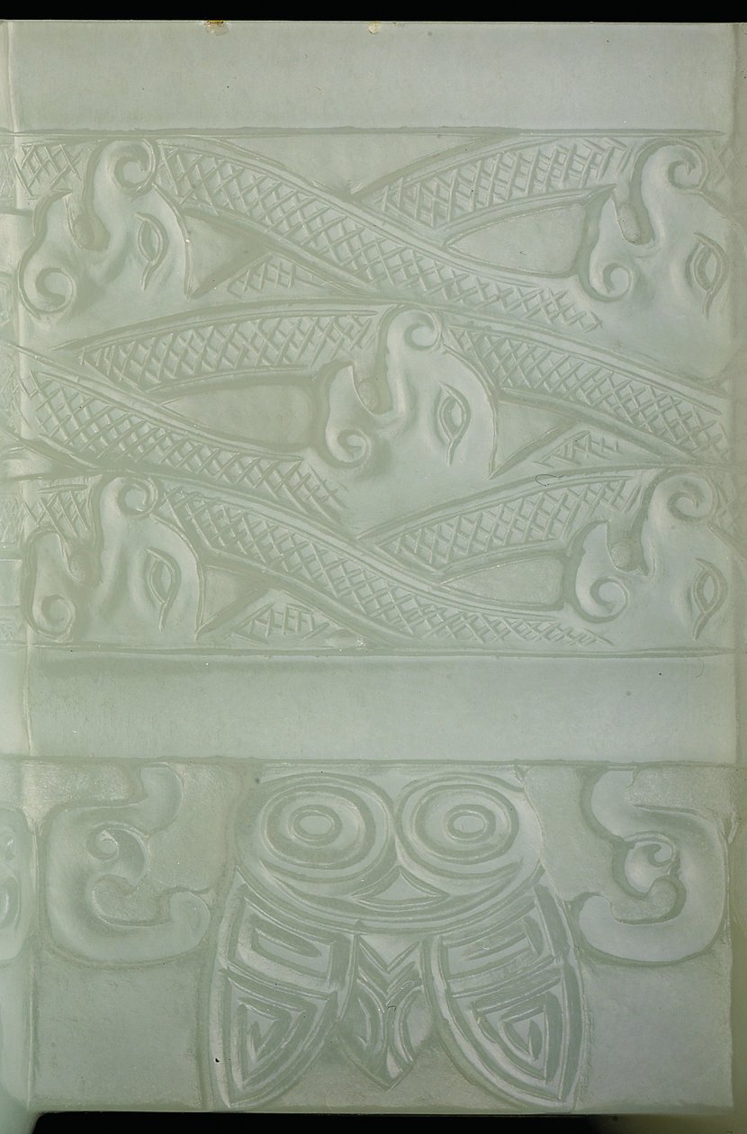 Arkaik bir kap ve örtü detayı, Tulu, Qianlong Dönemi (1736-95) (soluk seladon yeşim taşı) (ayrıca bkz. 619015) by School Chinese