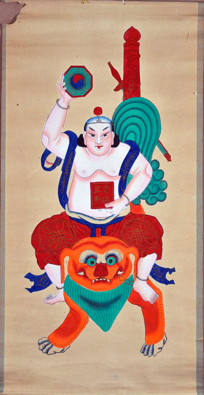 Aslan üzerindeki Tanrı - Çin parşömeni, mürekkep ve resim (112x57 cm), 1900 ve 1950 arası - Musee de l
