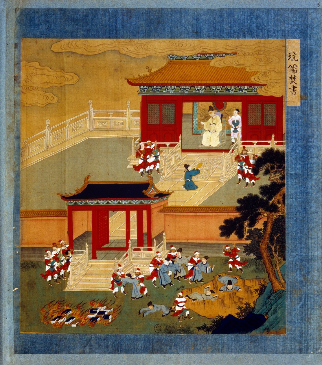 Qin hanedanının (-260 ila -210) kurucusu Huang Ti (Huang-Ti di ayrıca Qin Shi Huangdi) tüm Çin kitaplarını (autodafe) yaktı ve okuryazar insanları bir çukura attı. Chi-Hoang, Çin