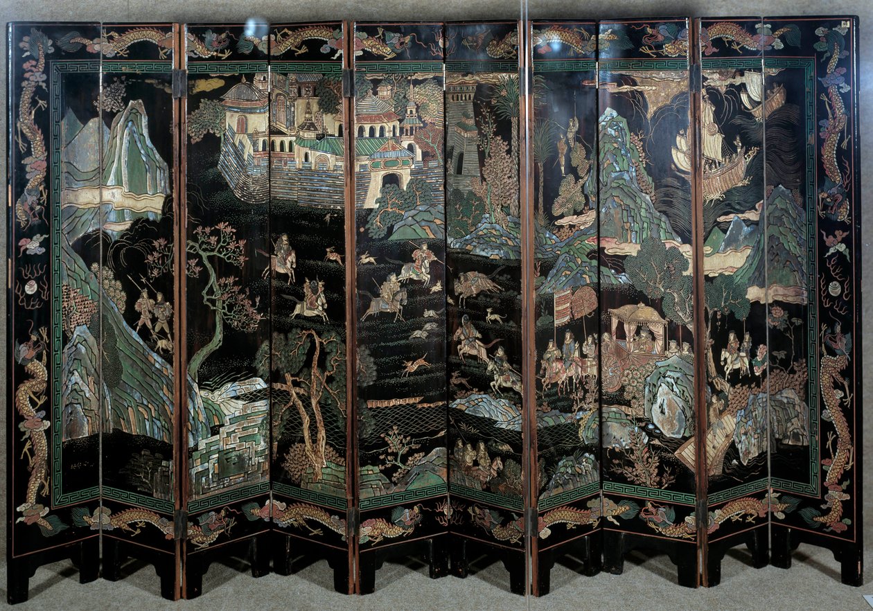 Av sahneleri. Art China: oyma cilalı ekran by School Chinese