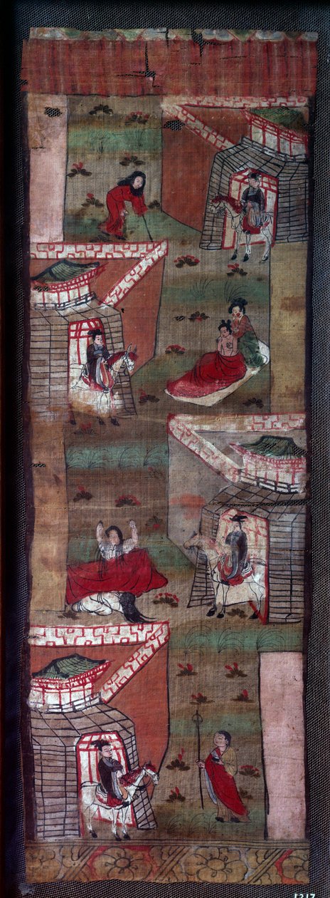 Buda'nın Hayatı: Siddhartha'nın 4 karşılaşmasının bölümü: yaşlı, sefil, hasta ve gasp. Tablo, 8. - 10. yüzyıl, Tang Hanedanlığı. Paris, Guimet Müzesi by School Chinese