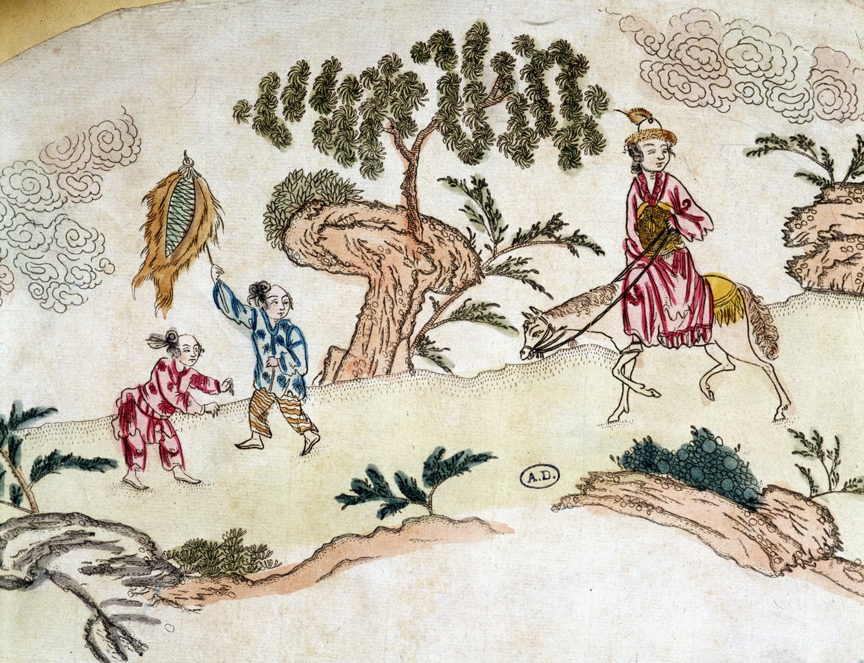 At sırtında asil kadın ve uçurtma oynayan çocuklar - 1800 dolaylarında Çin baskısı by School Chinese
