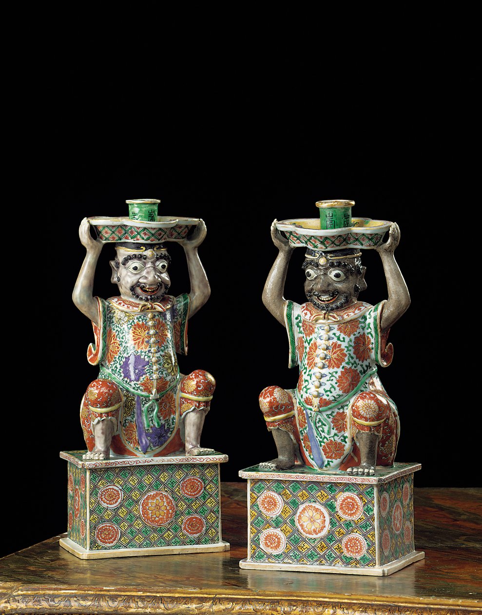 Bir çift ihracat famille verte şamdan, Kangxi by School Chinese