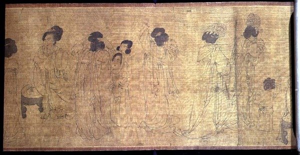 Saray Hanımları Boş Zaman Ellerinde Kaydırma, dışarı çıkmaya hazırlanan hanımların detayı, Wen-chu Chou (fl.970) Güney Sung dönemi, c.1140 (ipek üzerine mürekkep ve pigment) (ayrıca bkz. 114250) by School Chinese