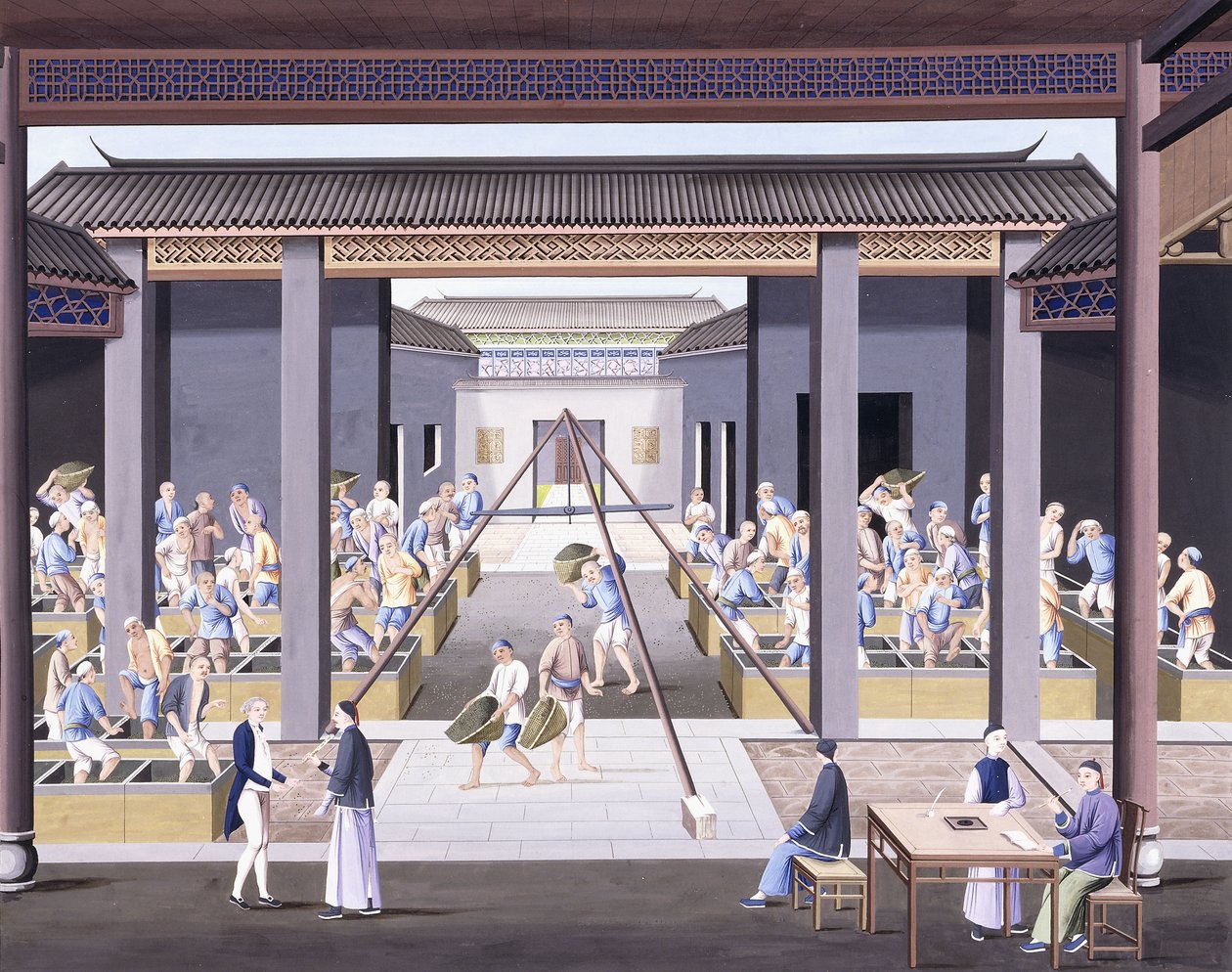 Poounding the Tea, c.1800 (ağır yerli kağıt üzerine guaj çizimleri) by School Chinese