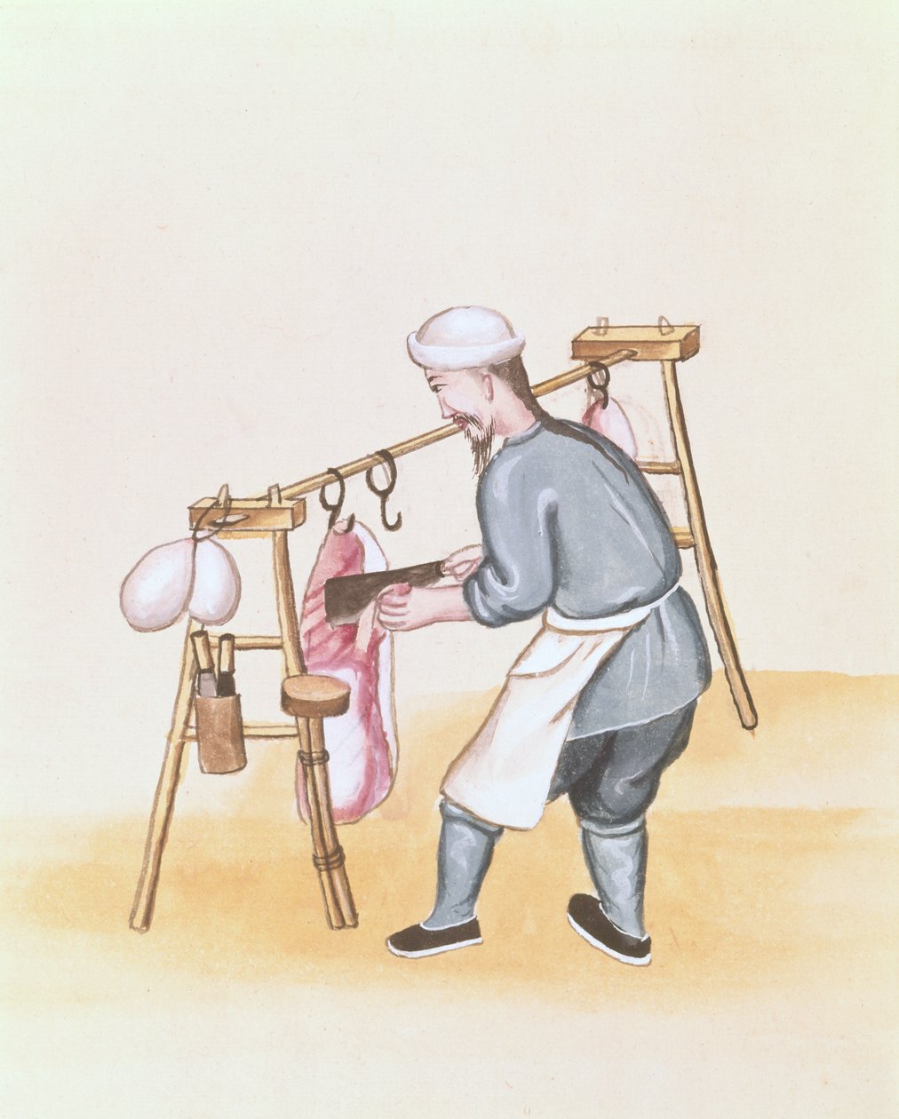 The Meat Seller, Pekin sokak aramaları üzerine bir kitaptan, c.1785 (kağıt üzerine suluboya ve guaj boya) by School Chinese
