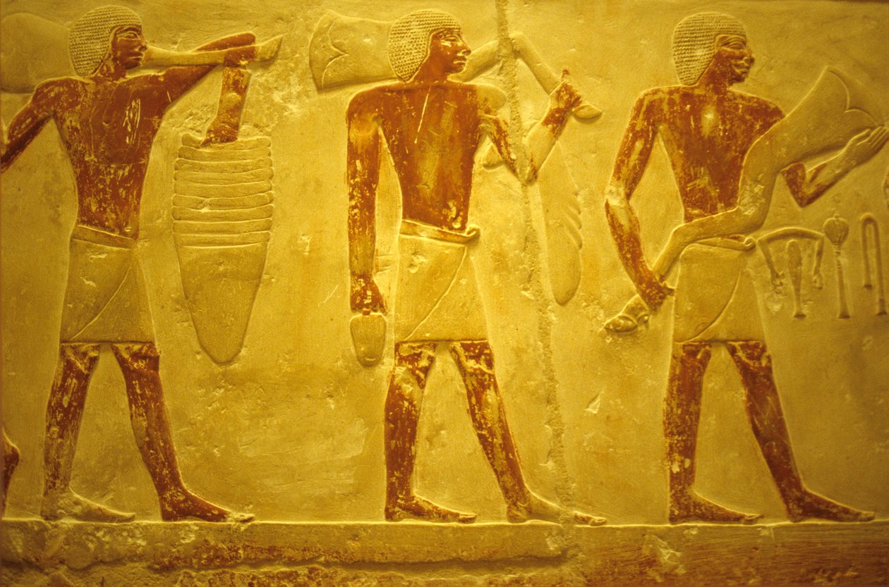 Antik Mısır, Duvar oymacılığı/boyama, Mastaba/Idout Mezarı, Saqqara, MÖ 2323-2150, Adak Taşıyanlar (fotoğraf) by School Egyptian