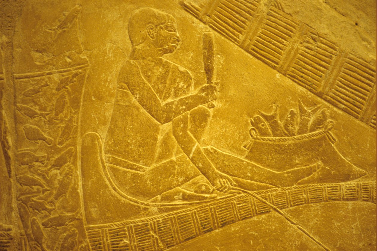 Antik Mısır, Duvar oymacılığı/boyama, Mastaba/Idout Mezarı, Saqqara, Balıkçılar teknelerde oturup balık pulu çıkarıyor, 6. hanedan (fotoğraf) by School Egyptian