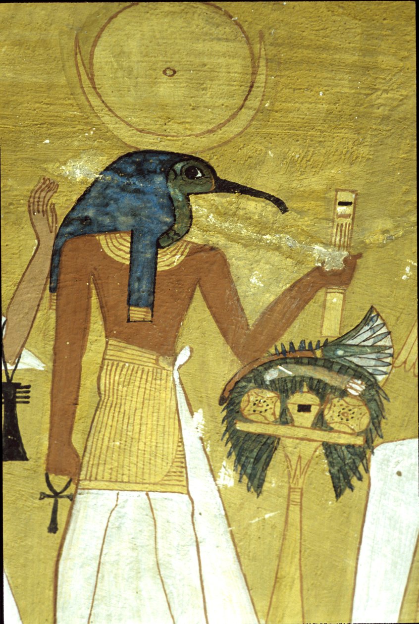 Antik Mısır, Duvar resmi Inherkhau#39;nun Mezarı, Thebes, Tanrı Thoth ölen kişiyi Osiris#39;le tanıştırıyor, 20. Hanedan, İbis ay diskiyle Tanrı#39;nın başına geçiyor (fotoğraf) by School Egyptian