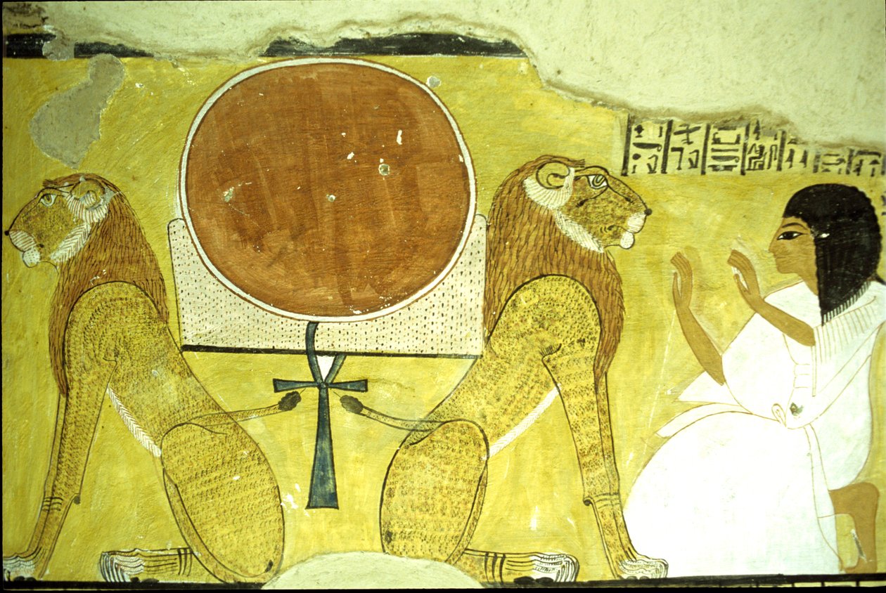 Antik Mısır, Duvar resmi Inherkhau#39;nun Mezarı, Thebes, iki aslana tapan Inherkhau, bugünün ve yarının koruyucuları, 20. Hanedan (fotoğraf) by School Egyptian