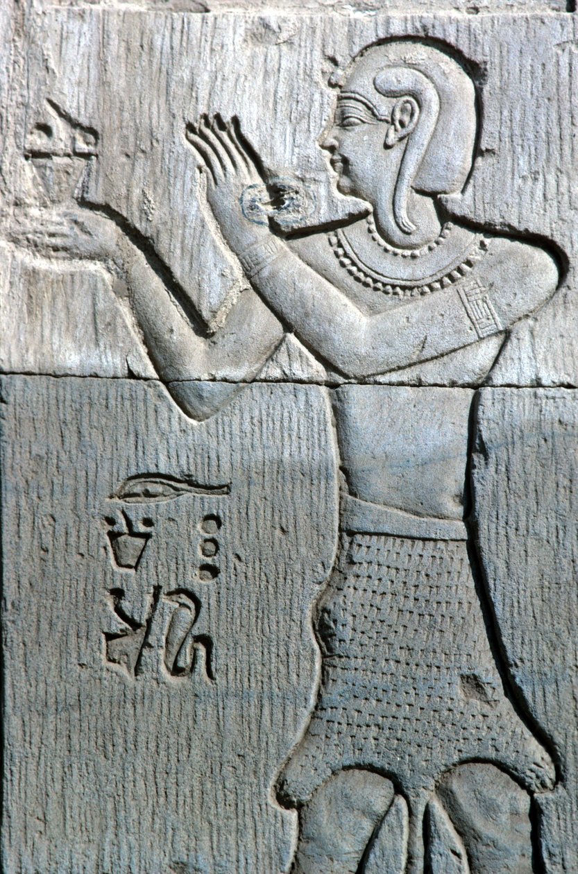 Antik Mısır, Duvar resmi/oyması, Leopar derisi giyen, tütsü sunan rahip, Sebek Tapınağı ve Horus Kom Ombo (fotoğraf) by School Egyptian