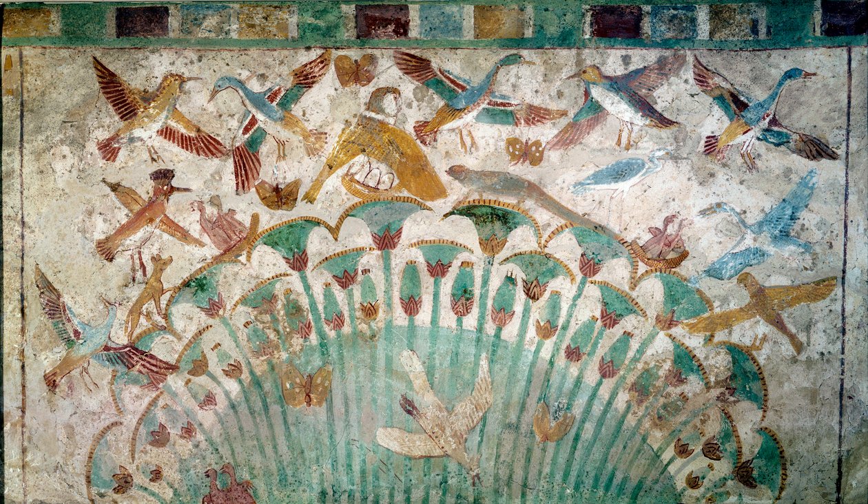 Eski Mısır: papirüs sapındaki hayvanlar, Neferhotep mezarından kireçtaşı parçası, yaklaşık MÖ 1400 18. hanedan, Boyut 43x74 cm Paris, Louvre müzesi - Mısır antik dönemi: papirüs çalılığındaki hayvanlar, Neferhotep mezarından kireçtaşı parçası by School Egyptian