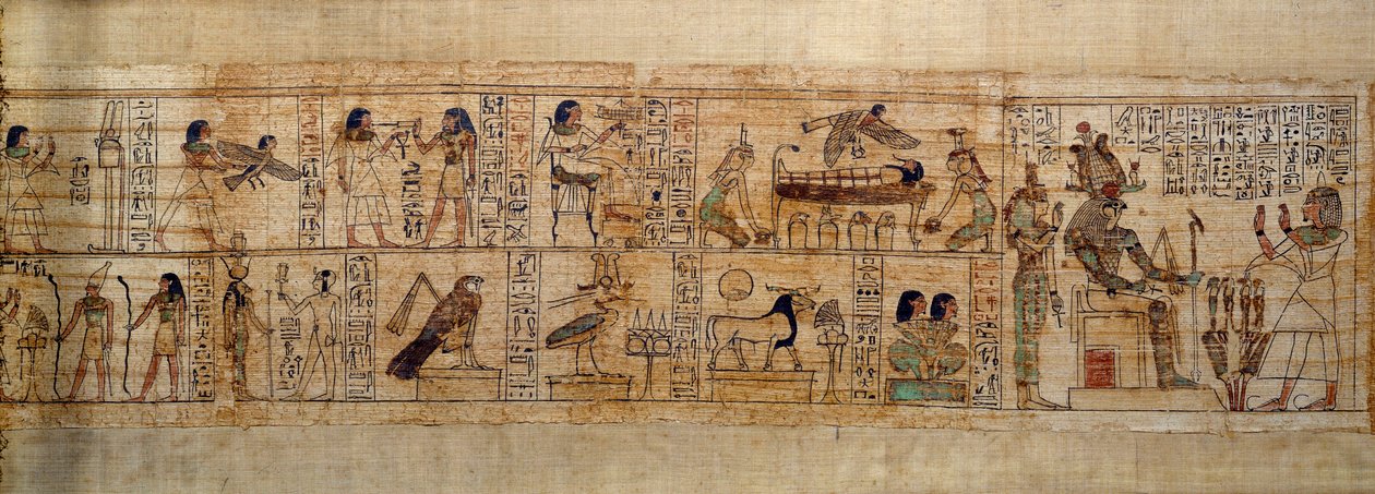 Serimen Antik Mısır Sanatı Mitolojik Papirüsü. Üstte: Serimen, Abydos şehrinde amblemiyle temsil edilen tanrı Osiris