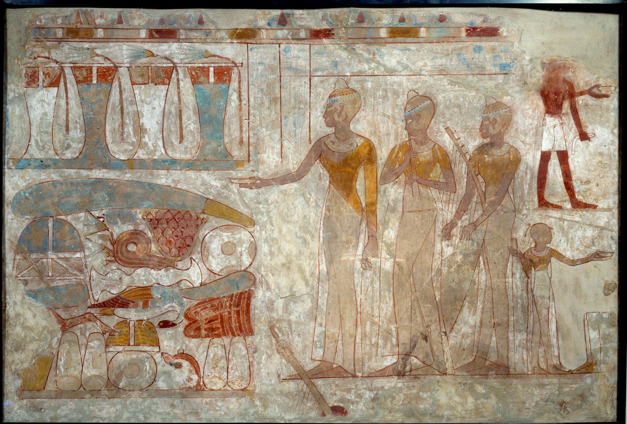 Eski Mısır Sanatı: bir ziyafette müzisyenler. Silt üzerine boyama (MÖ 1400 civarında). by School Egyptian