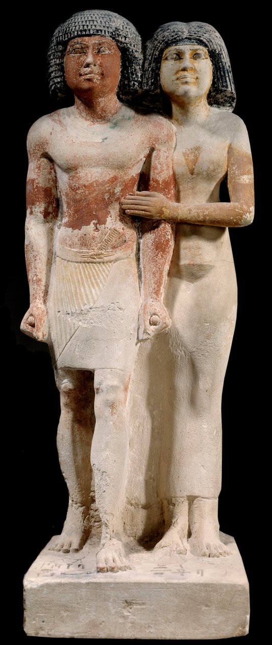 Mısır antikası: Raherka ve Meresankh çiftinin kireçtaşı heykeli. 5. hanedan. Eski imparatorluk (MÖ 2700-2200 civarında). Güneş 0,52x0,21 m Paris, musee du Louvre by School Egyptian