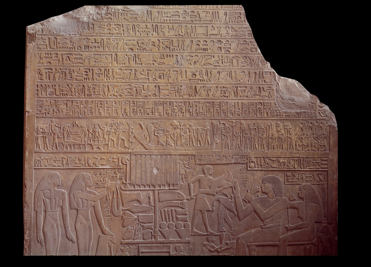 Mısır antik: hiyeroglif şeklinde kod dilinde bir yazıtla kaplı mezar steli. Paris, Louvre Müzesi by School Egyptian