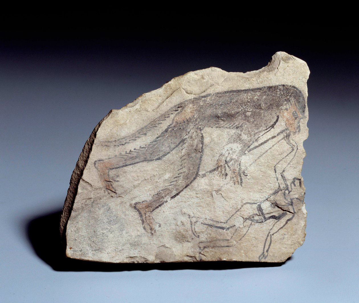 Mısır antik: ostrakon (veya ostracon) (çoğul: ostraca veya ostraka) (çömlek) şekil: bir adamı dans ettirmek için çift flüt (aulos) çalan maymun. Kireçtaşı içinde taş. 19. hanedan (yaklaşık 1295-1186). Deir el-Medineh (el Medine) sitesinden. Güneş 0,14x0,1 by School Egyptian
