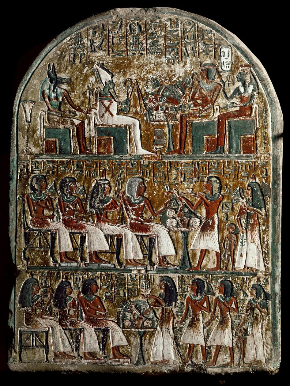 Mısır antik: Irynefer steli, tepede tanrılar Osiris ve Anubis, Amenophis I ve Ahmes Nefertari tanrısallara bakıyor; Irynefer merkezinde, karısı Mehytkhaty ve kızları Hathor, ebeveynlerine cenaze sunusunu yapar, alt Hathor yetişkin by School Egyptian