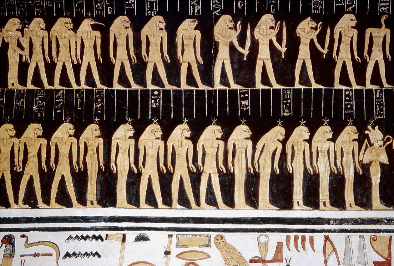 Luxor, Thebes: Krallar Vadisi, bir tapınağın iç duvarında tanrı ve tanrıça çizimi. by School Egyptian