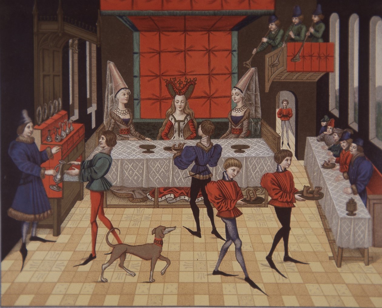 15. yüzyıl ortaçağ aristokrat bayanlar akşam yemeği servisi (renkli litho) by School English