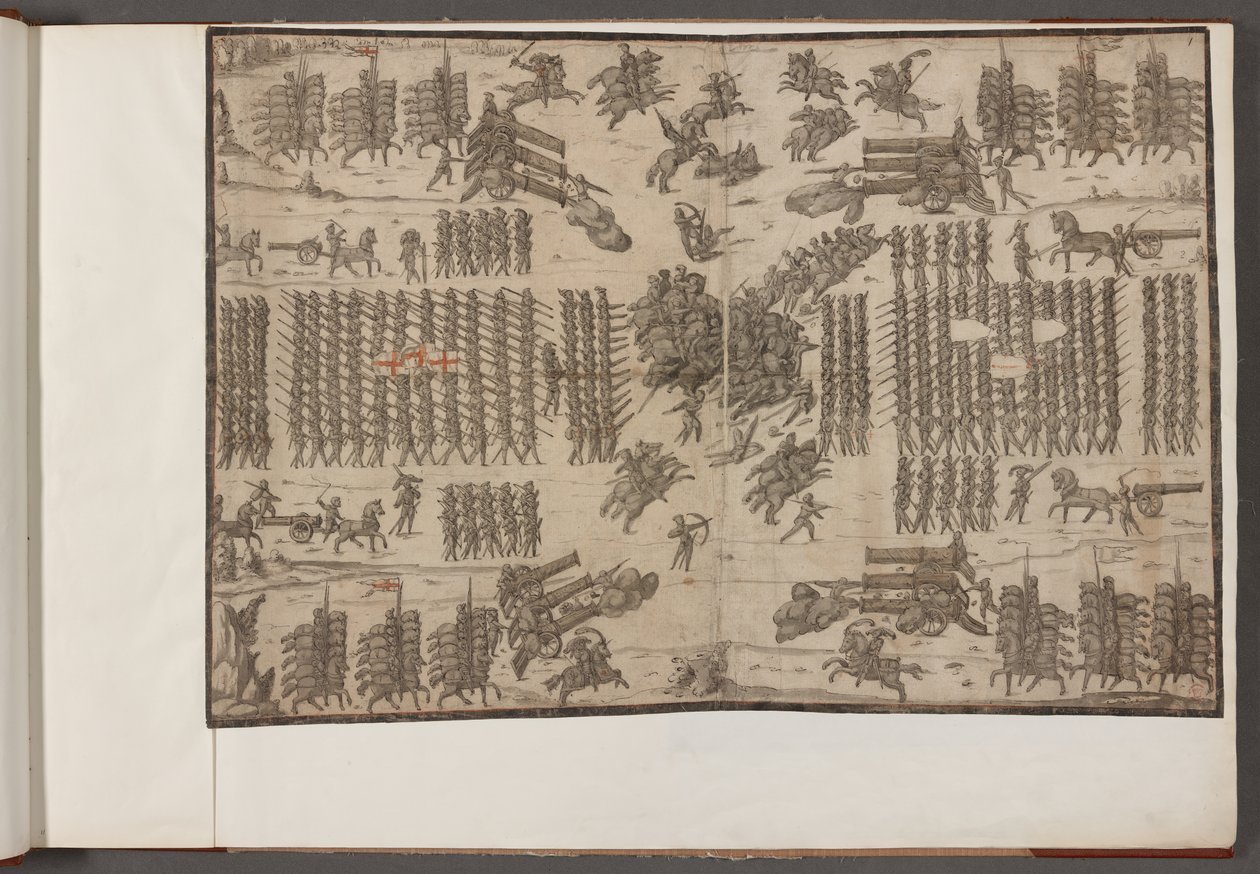 Pamuk Augustus III, f.1 Bir savaş. Ordular oluşumunda.   Orduların, askerlerin, atların ve koşum takımlarının ve diğer askeri sahnelerin çizimleri.  1500-1650 by School English