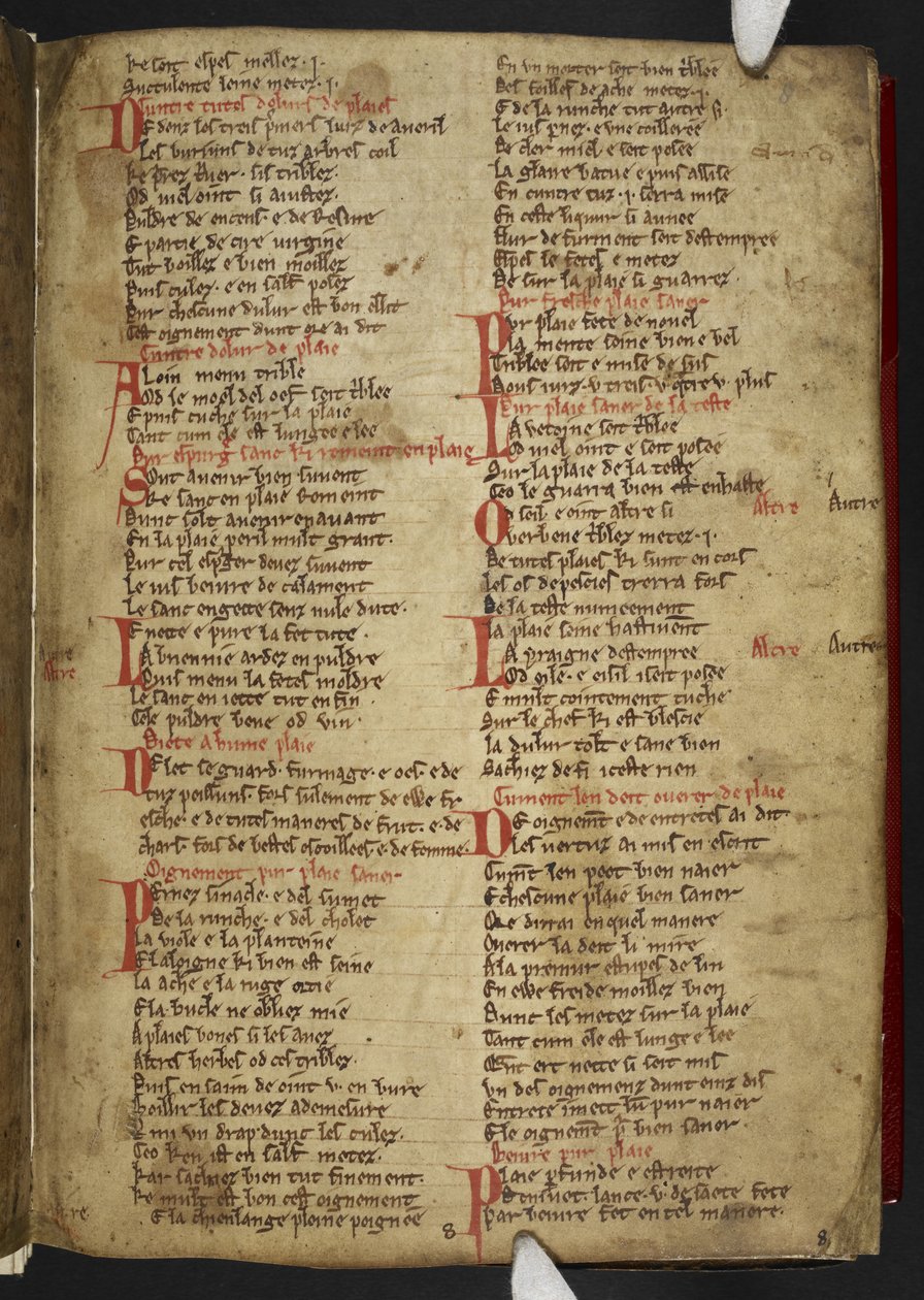 Harley MS 2558 f.8r, Novele cirurgerie, alıntı (365 satır). Anglo-Norman ayetinde (parşömen) tıbbi tarifler koleksiyonu by School English