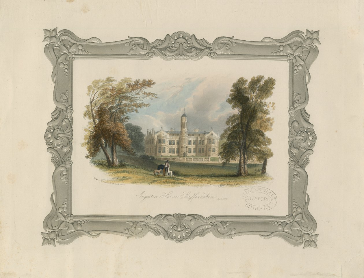 Ingestre Hall: çelik gravür (el boyaması) by School English