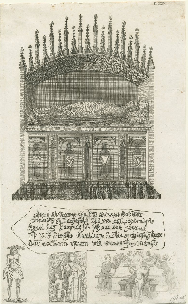 Lichfield Katedrali - Piskopos mezarı [?Bishop Cornhill]: gravür, nd [?18. yüzyılın sonu] (baskı) by School English