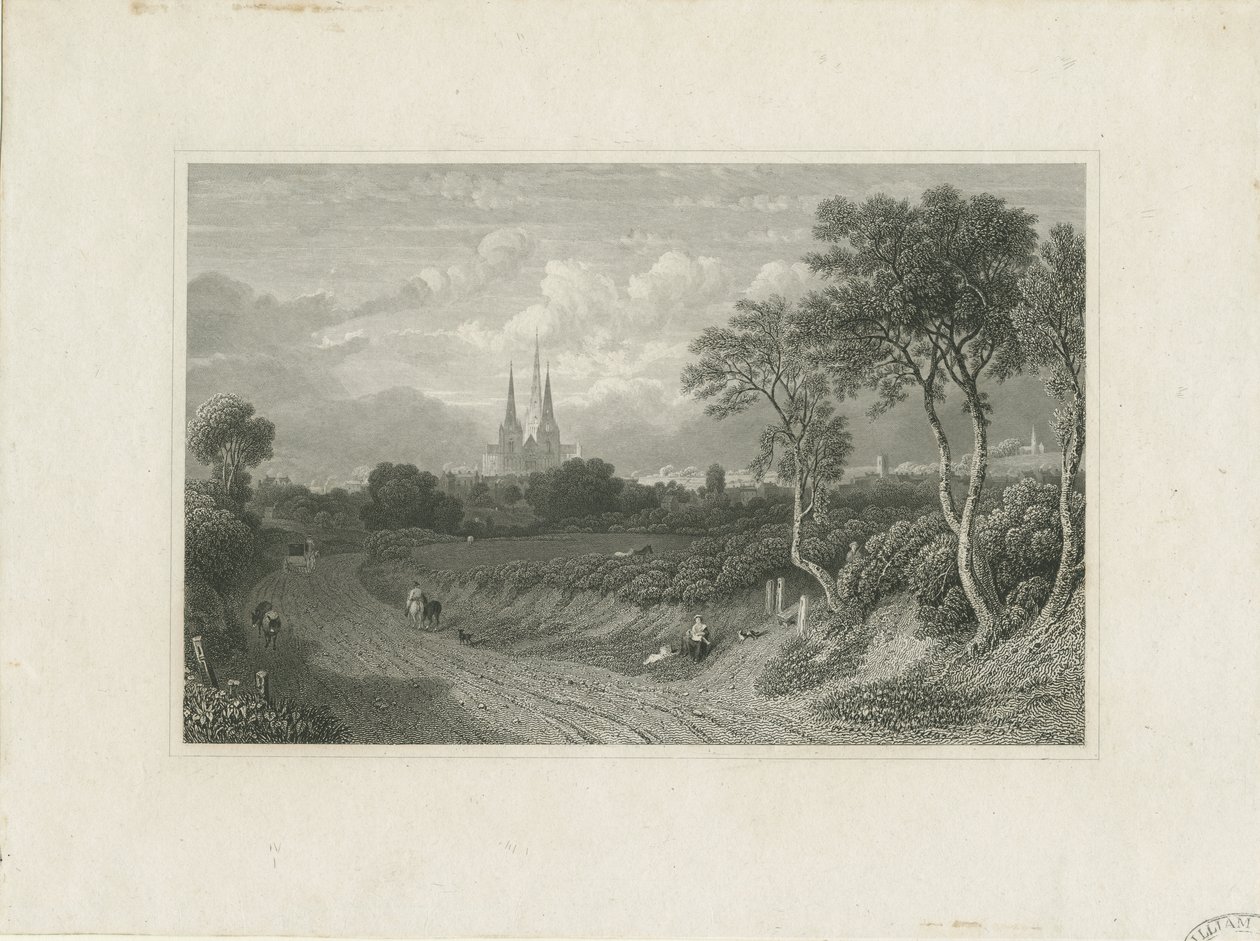 Lichfield Katedrali - Batı Görünümü (uzaktan): gravür ve [?18. yüzyıl] (baskı) by School English