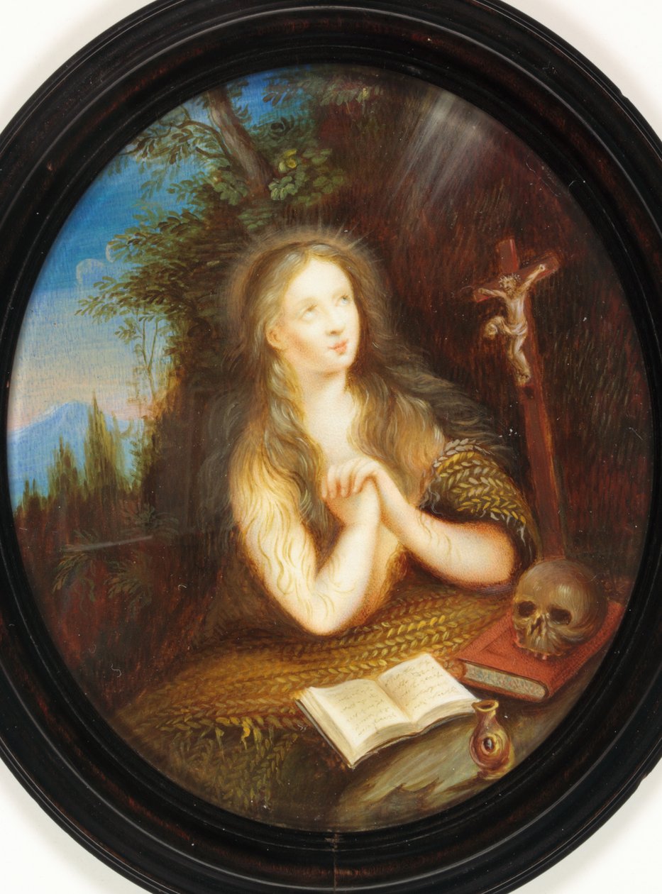 Bir bankaya yaslanmış Mary Magdalene, gözleri bir haça kaldırılmış (emaye) by School English