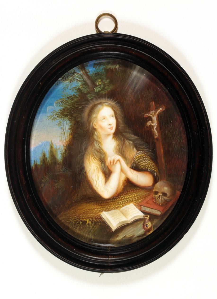 Bir bankaya yaslanmış Mary Magdalene, gözleri bir haça kaldırılmış (emaye) by School English